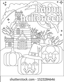  A Happy Halloween background or party invite with a Haunted House and carved Jack O Lantern pumpkins