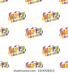 Felices antecedentes de Halloween. Patrón de Halloween con tipografía, murciélagos, caligrafía de octubre e íconos de halloween, Halloween Halloween con dibujos blancos de mano con un patrón impecable con texto pintado a mano