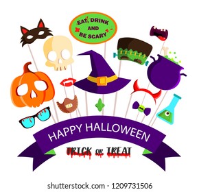 Happy Halloween Background With Photo Booth Props. With Jack O Lantern Pumpkin, Witch Hat, Hannibal Mask, Devil Horns, Skull, Frankenstein. Can Be Used For Party Invitation, Card, Flyer, Poster Template