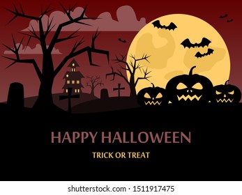 Happy Halloween background with a picture of a pumpkin, the night sky, the moon and the atmosphere of Halloween. Night silhouettes of bats on a background of the full moon. Vector illustration.