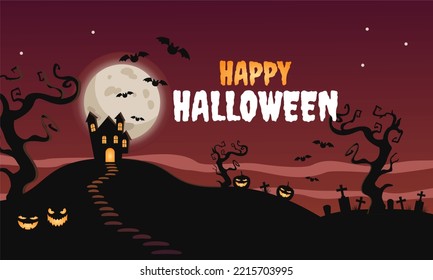 Happy Halloween Background, Poster, Banner with Castle Icon, Jack O Lantern Icon and purple color. Suitable to use on Halloween event. Also suitable for uploading social media at Halloween events