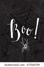 Happy Halloween background. Halloween poster with hand lettering  and doodle illustration with scary spider. Boo!