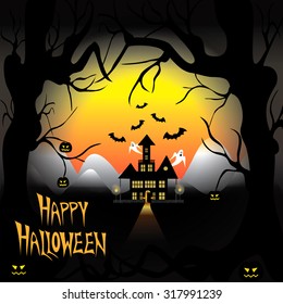 Happy halloween  background / Halloween poster / Haunted house / Spiders Halloween/ Autumn / Halloween Sketchbook