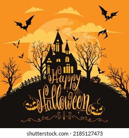 Happy Halloween Background Poster including Bats, Tree, Moon, Cloud, Pumpkins and Scary Hill House