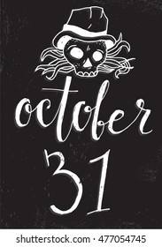 Happy Halloween background. Halloween poster with lettering BOO and doodle illustration with skull and bones. 