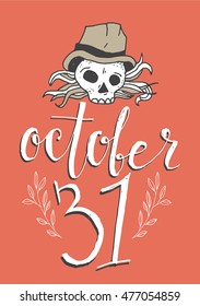 Happy Halloween background. Halloween poster with lettering 31 October and doodle illustration with skull