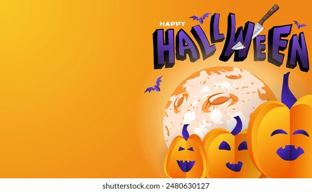 happy Halloween  background, poster, web, banner with  pumpkin jack o lantern, full moon, creepy crazy red eyes with knife and nail in it. greeting, invitation, card, template 