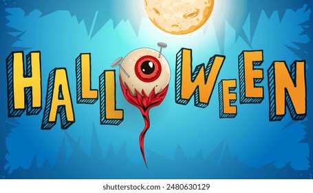 Fondo feliz de Halloween, póster, Web, Anuncio con calabaza jack o linterna, luna llena, ojos rojos locos espeluznantes con cuchillo y uña en él. Saludo, invitación, tarjeta, Plantilla 