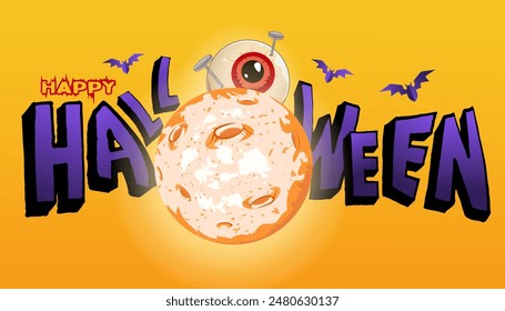 happy Halloween  background, poster, web, banner with  pumpkin jack o lantern, full moon, creepy crazy red eyes with knife and nail in it. greeting, invitation, card, template 