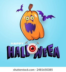 Fondo feliz de Halloween, póster, Web, Anuncio con calabaza jack o linterna, murciélago, ojos rojos locos espeluznantes con cuchillo y uña en él. saludo cuadrado, invitación, tarjeta, Plantilla	