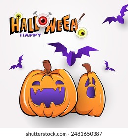 Fondo feliz de Halloween, póster, Web, Anuncio con calabaza jack o linterna, murciélago, ojos rojos locos espeluznantes con cuchillo y uña en él. saludo cuadrado, invitación, tarjeta, Plantilla	