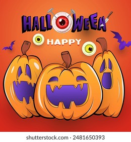 Fondo feliz de Halloween, póster, Web, Anuncio con calabaza jack o linterna, murciélago, ojos rojos locos espeluznantes con cuchillo y uña en él. saludo cuadrado, invitación, tarjeta, Plantilla	