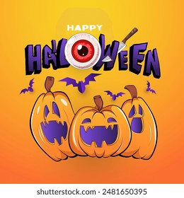 Happy Halloween background, poster, web, banner with pumpkin jack o lantern, bat, creepy crazy red eyes with knife and nail in it. square greeting, invitation, card, template	