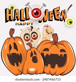 Fondo feliz de Halloween, póster, Web, Anuncio con calabaza jack o linterna, murciélago, ojos rojos locos espeluznantes con cuchillo y uña en él. saludo cuadrado, invitación, tarjeta, Plantilla