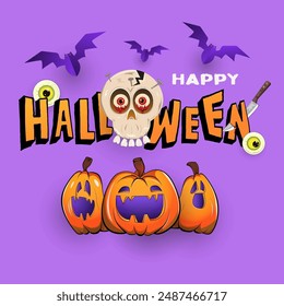 Happy Halloween background, poster, web, banner with pumpkin jack o lantern, bat, creepy crazy red eyes with knife and nail in it. square greeting, invitation, card, template