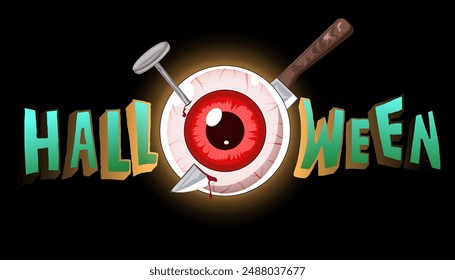 Happy Halloween background, poster, web, banner  creepy crazy red eyes with knife and nail in it. square greeting, invitation, card, template