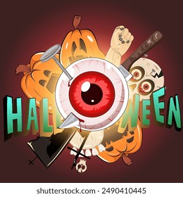 Fondo feliz de Halloween, póster, Web, Anuncio con calabaza jack o linterna, murciélago, ojos rojos locos espeluznantes con cuchillo y uña en él. saludo cuadrado, invitación, tarjeta, Plantilla