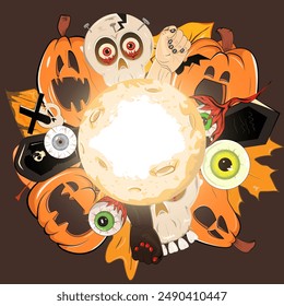 Fondo feliz de Halloween, póster, Web, Anuncio con calabaza jack o linterna, murciélago, ojos rojos locos espeluznantes con cuchillo y uña en él. saludo cuadrado, invitación, tarjeta, Plantilla