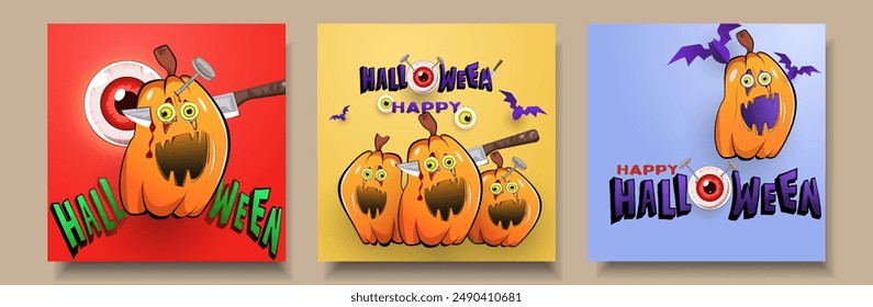Happy Halloween background, poster, web, banner with pumpkin jack o lantern, bat, creepy crazy red eyes with knife and nail in it. square greeting, invitation, card, template Set