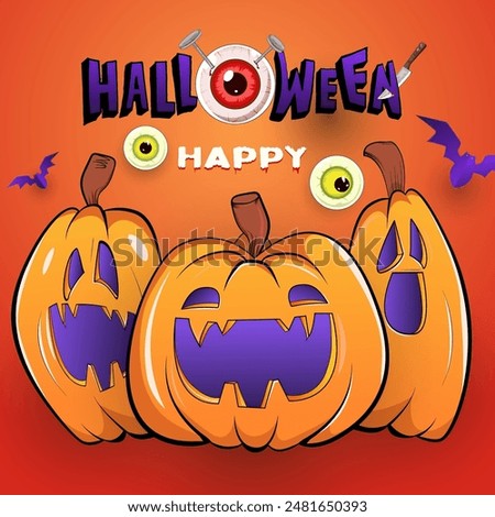 Happy Halloween background, poster, web, banner with pumpkin jack o lantern, bat, creepy crazy red eyes with knife and nail in it. square greeting, invitation, card, template	