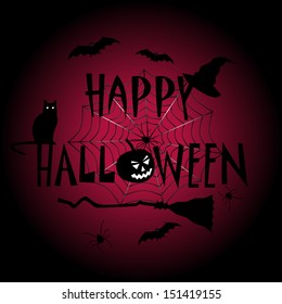 Happy halloween. Halloween background with pumpkin, broom, cat, bat, hat, spider.