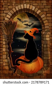 Felices antecedentes de Halloween con calabaza, escoba y gato negro con sombrero de bruja. ilustración vectorial