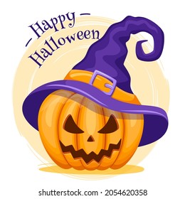 Happy Halloween background with pumpkin in cap. Orange pumpkin with scary smile. Vector illustration.