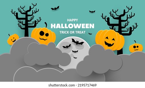 happy halloween background with pumpkin, cloud, bat and moon in paper style. vector illustration