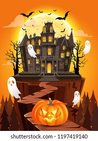happy halloween background with pumpkin, flying ghosts, haunted house on full moon. vector illustration for happy halloween card, flyer, banner and poster.
