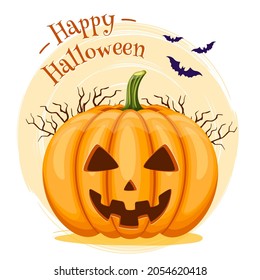 Happy Halloween background with pumpkin and flying bats.Orange pumpkin with scary smile. Vector illustration.