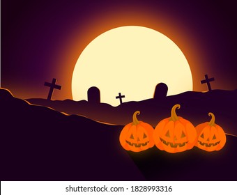 Happy Halloween  background with pumpkin, full moon at night, brochure, card, banner  , vector illustrations 