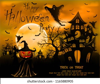 Happy Halloween background with pumpkin and ghost, haunted house and full moon. invitation template for Halloween party. Vector illustration