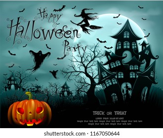 Happy Halloween background with pumpkin and ghost, haunted house and full moon. invitation template for Halloween party. Vector illustration