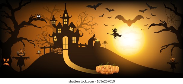 Happy Halloween background with pumpkin ghost, Haunted house with full moon and The witch was casting magic spells and made poison. Template for Halloween party. Vector illustration