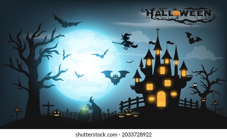 Happy Halloween background with pumpkin ghost, Haunted house with full moon and The witch was casting magic spells and made poison. Template for Halloween party. Vector illustration