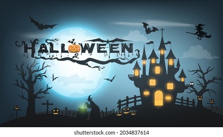 Happy Halloween background with pumpkin ghost, Haunted house with full moon and The witch was casting magic spells and made poison. Template for Halloween party. Vector illustration