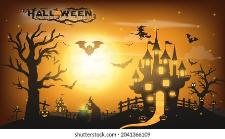 Happy Halloween background with pumpkin ghost, Haunted house with full moon and The witch was casting magic spells and made poison. Template for Halloween party. Vector illustration