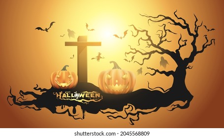 Happy Halloween background with pumpkin ghost, Haunted house with full moon and The witch was casting magic spells and made poison. Template for Halloween party. Vector illustration