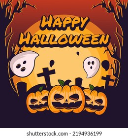 happy halloween background with pumpkin and ghost on spooky tree