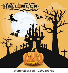 Happy Halloween background with pumpkin ghost, Haunted house with full moon and The witch was casting magic spells and made poison. Template for Halloween party. Vector illustration