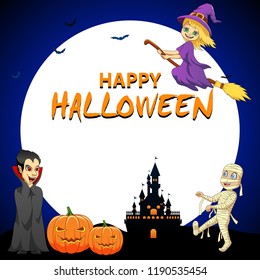 Happy Halloween background with pumpkin, haunted house and full moon. Vector illustration