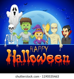 Happy Halloween background with pumpkin, haunted house and full moon. Vector illustration