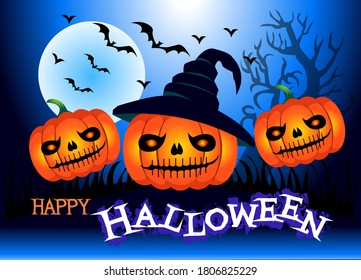 Happy Halloween Background With Pumpkin Haunted House And Full Moon Vector Illustration On Blue Background