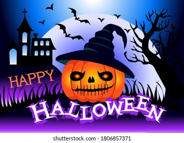 Happy Halloween Background With Pumpkin Haunted House And Full Moon Vector Illustration On Blue Background