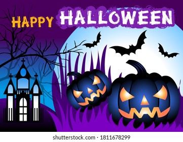 Happy Halloween Background With Pumpkin Haunted House And Full Moon Vector Illustration On Purple Background