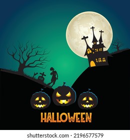 Happy Halloween background with pumpkin haunted house and full moon vector illustration