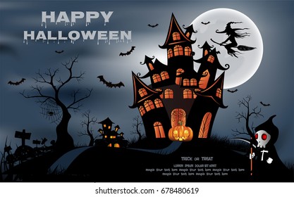 Happy Halloween Background With Pumpkin, Haunted House And Full Moon. Invitation Template For Halloween Party. Vector Illustration