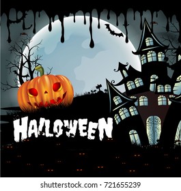 Happy Halloween background with pumpkin, haunted house and full moon. invitation template for Halloween party. Vector illustration