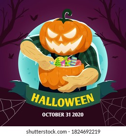 Happy halloween background with pumpkin head holding halloween candies