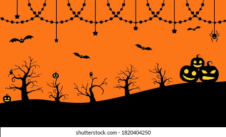 Happy Halloween background with pumpkin icon or jack o lantern, bat, tree, spider and moon suitable for wallpaper, landing page, greeting card, banner, or poster.
